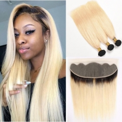 Dark Roots Ombre Human Hair Bundles With Frontal 1b 613 Black To Blonde