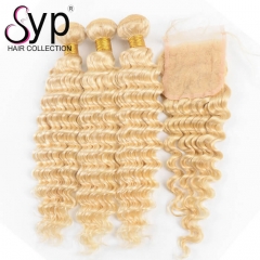 613 Platinum Blonde Deep Curly Hair Weave Bundles With Lace Closure 4x4