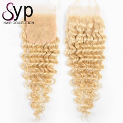 613 Honey Blonde Deep Wave Curly Human Hair Lace Closure Piece 4x4