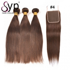 Color 4 Light Brown Human Hair Bundles With Lace Closure Straight