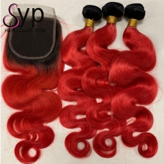 1B Red Body Wave With Closure Dark Roots Red Ombre Hair Weave