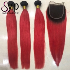 Black Roots Red Hair Weave Bundles 1B Red Human Hair With Closure