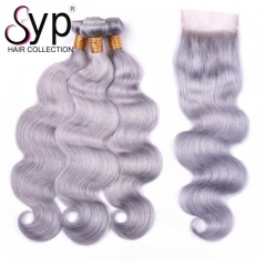 Grey Hair Weave Bundles With Closure Wet And Wavy Colored Hair