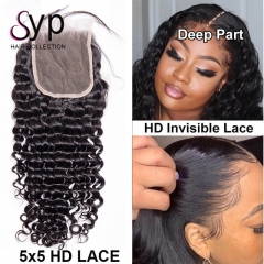 Deep Part HD Lace Closure 5x5 Deep Wave Real Human Hair Invisible Transparent Closures For Sale